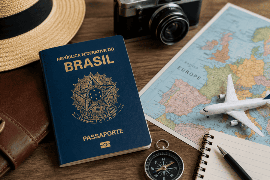 Passaporte brasileiro sobre mapa da Europa