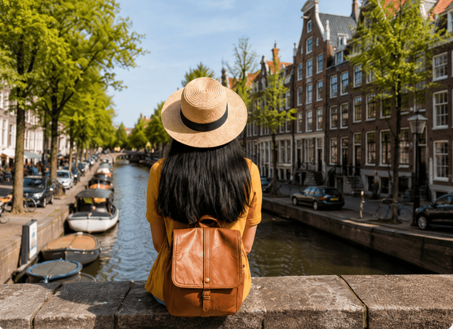 Viajante observando um canal de Amsterdam durante uma viagem pela Europa