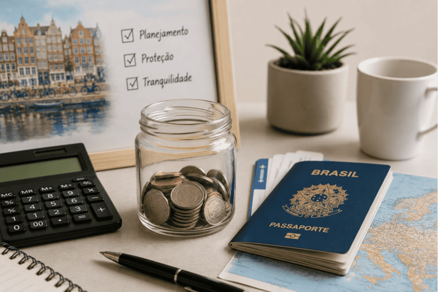 Calculadora e moedas representando o custo do seguro viagem para Europa
