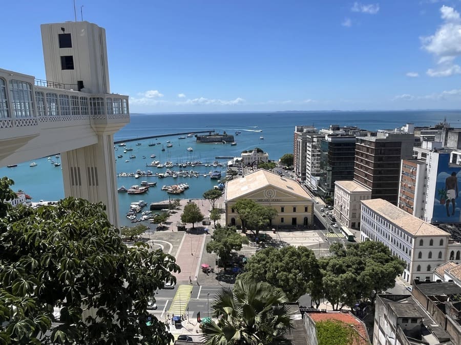 Panoramic view of Salvador with Elevador Lacerda, Mercado Modelo, Lower City, and Baía de Todos os Santos in Bahia, Brazil