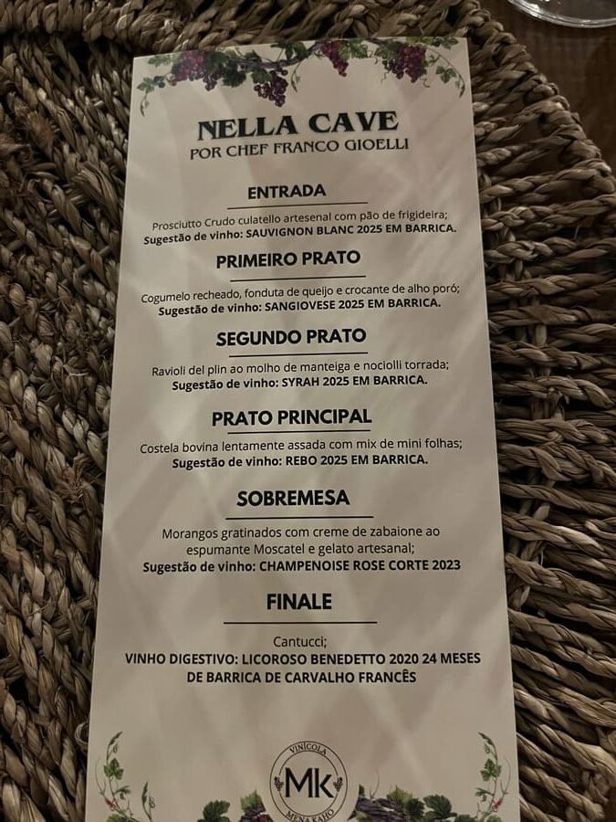 Menu do jantar harmonizado na Vinícola Mena Kaho