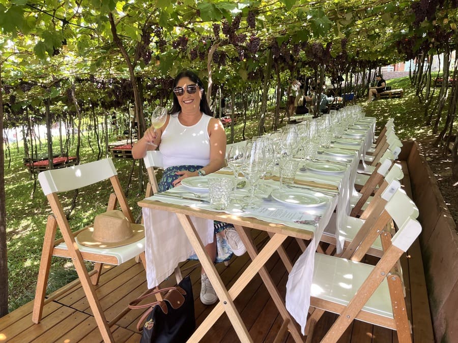 Almoço no vinhedo da Vinícola Cristofoli com mesa posta sob o parreiral