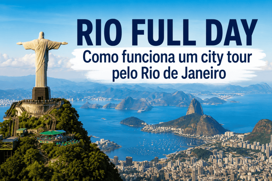 Vista do Cristo Redentor com a cidade do Rio de Janeiro ao fundo durante um passeio Rio Full Day.