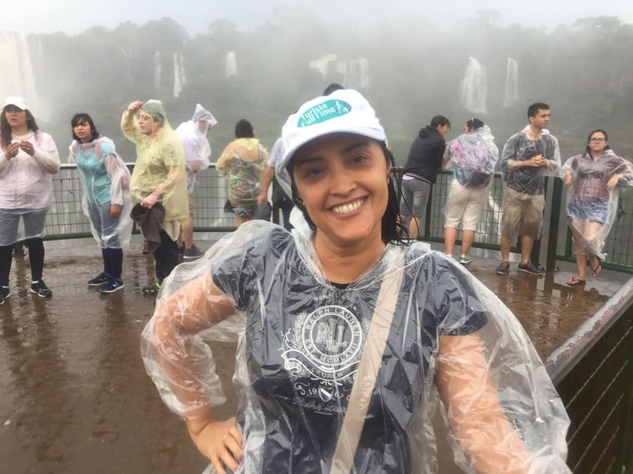Visitor wearing a rain poncho at Iguazu National Park, Brazil
