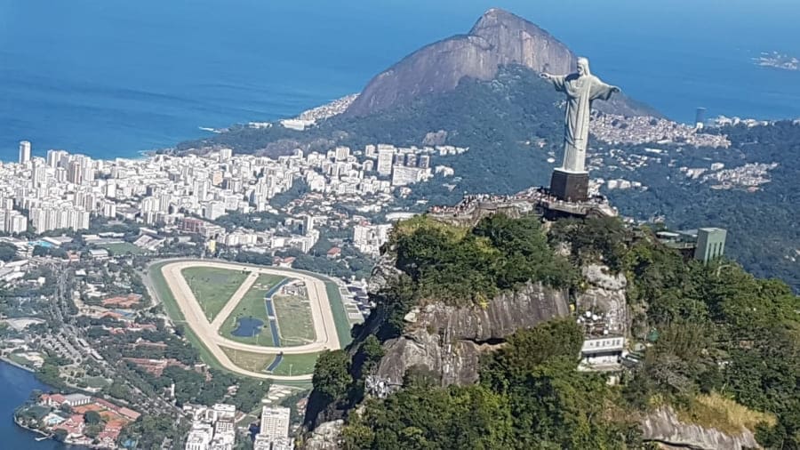 Panoramic view of Christ the Redeemer overlooking Rio de Janeiro.