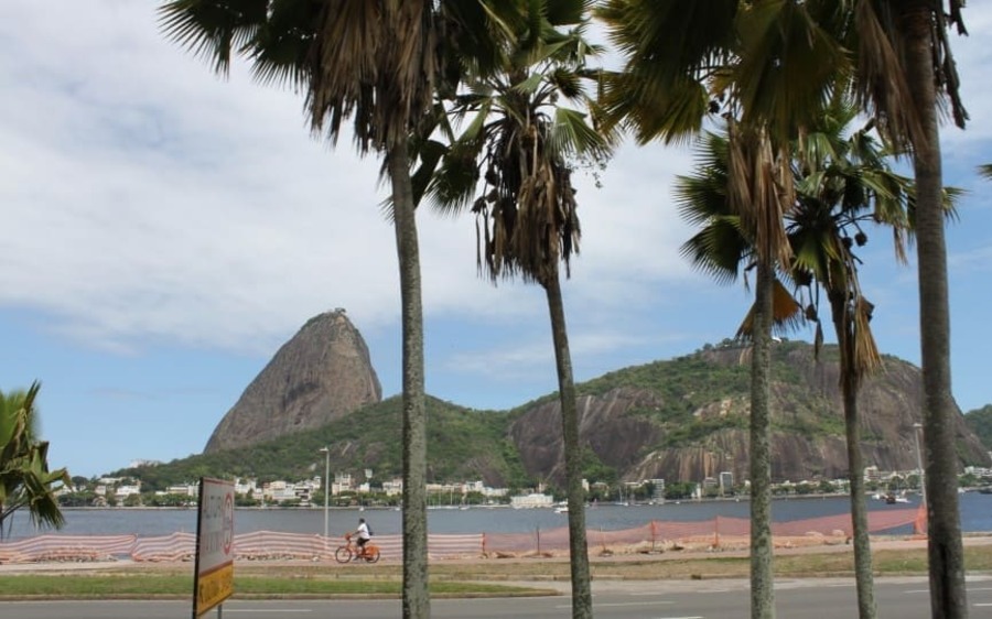 The #LoveRio sign with Sugarloaf Mountain in the background in Rio de Janeiro.